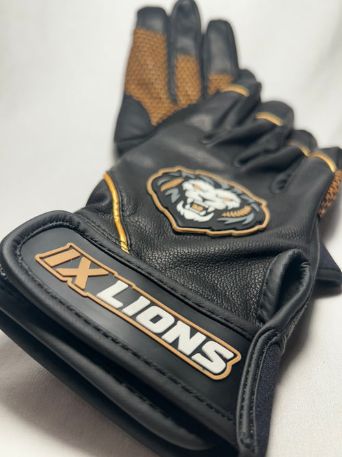 IX Lions Genesis 1 batting glove in black and gold premium leather with lion crest