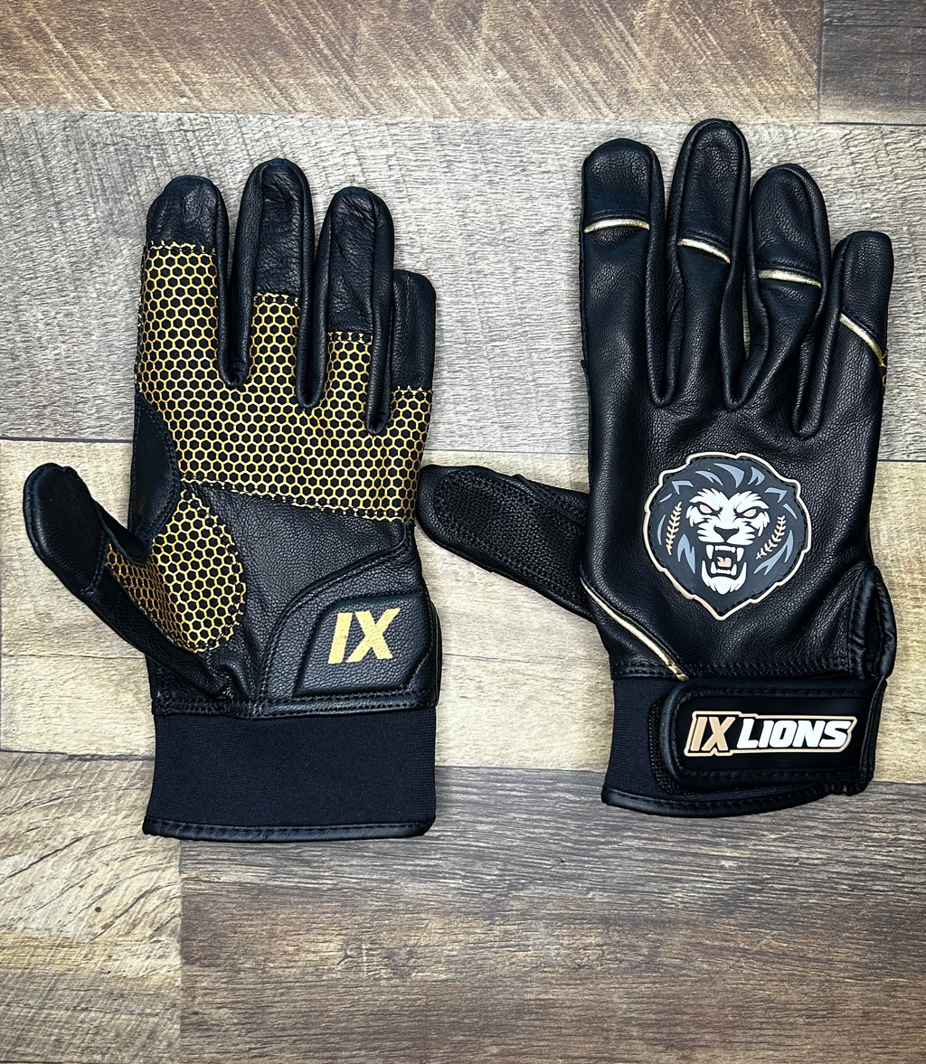 Genesis 1 batting gloves by IX Lions, one palm up with gold Honeycomb Grip and one showing the lion crest