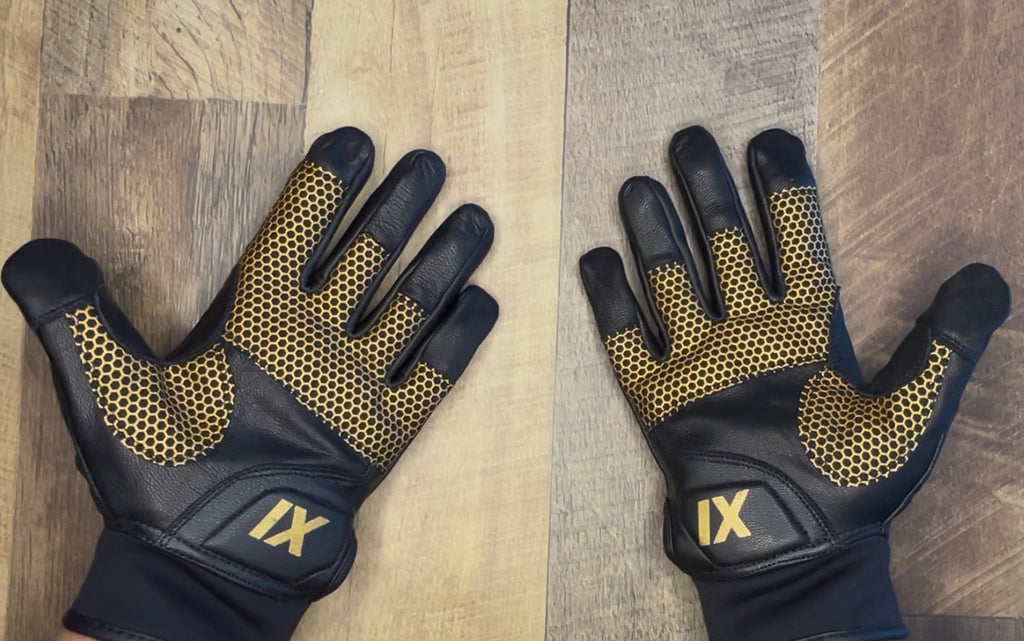 Gold Honeycomb Grip palms and Sting Shield heel pads on a pair of IX Lions Genesis 1 batting gloves