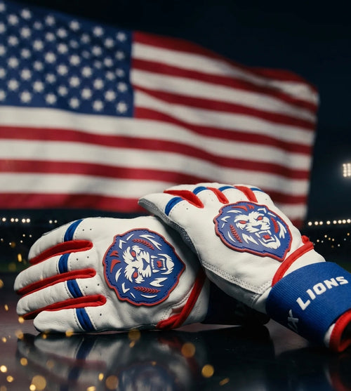 IX Lions Athletics Freedom 1 Batting Gloves - red, white, and blue leather baseball batting glove