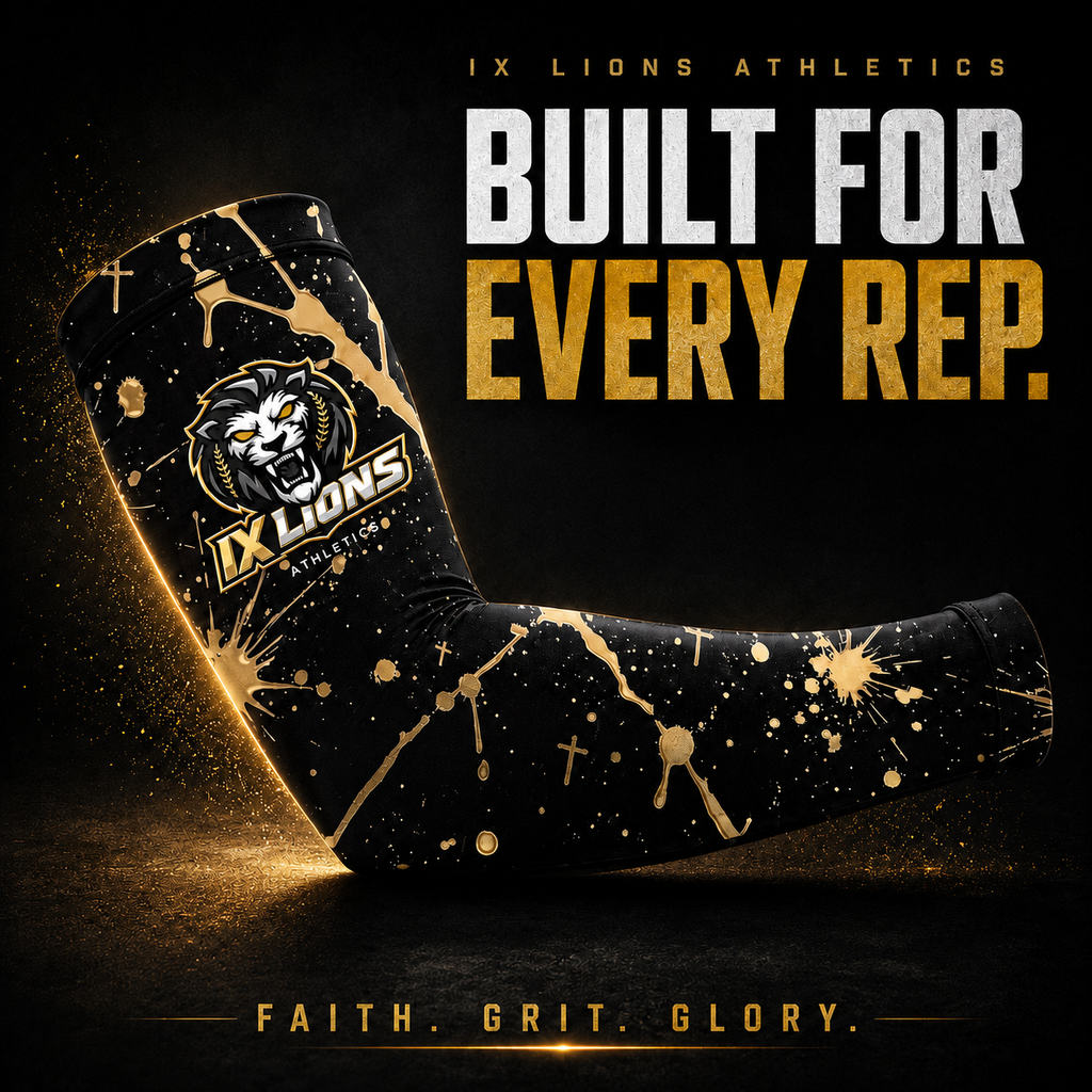 IX Lions Gold Splatter arm sleeve, black with gold paint-splatter pattern and cross details, featuring the IX Lions crest
