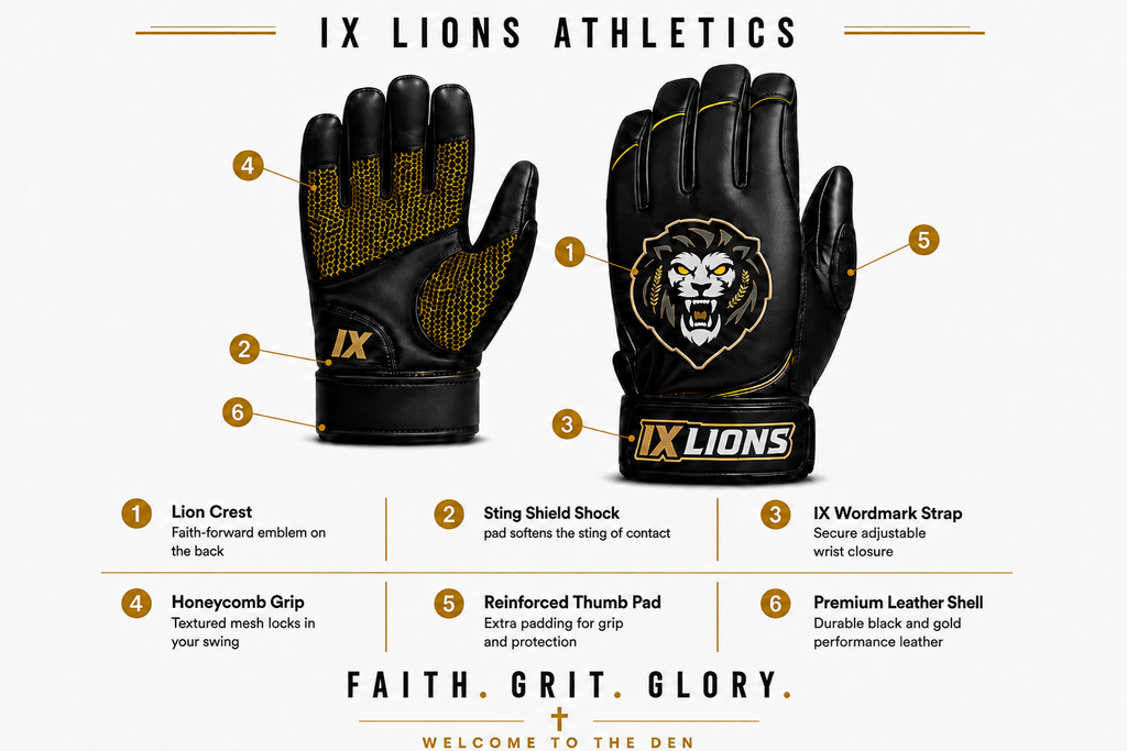 IX Lions Genesis 1 batting glove feature diagram: lion crest, Sting Shield pad, wordmark wrist strap, Honeycomb Grip, reinforced thumb pad, leather shell