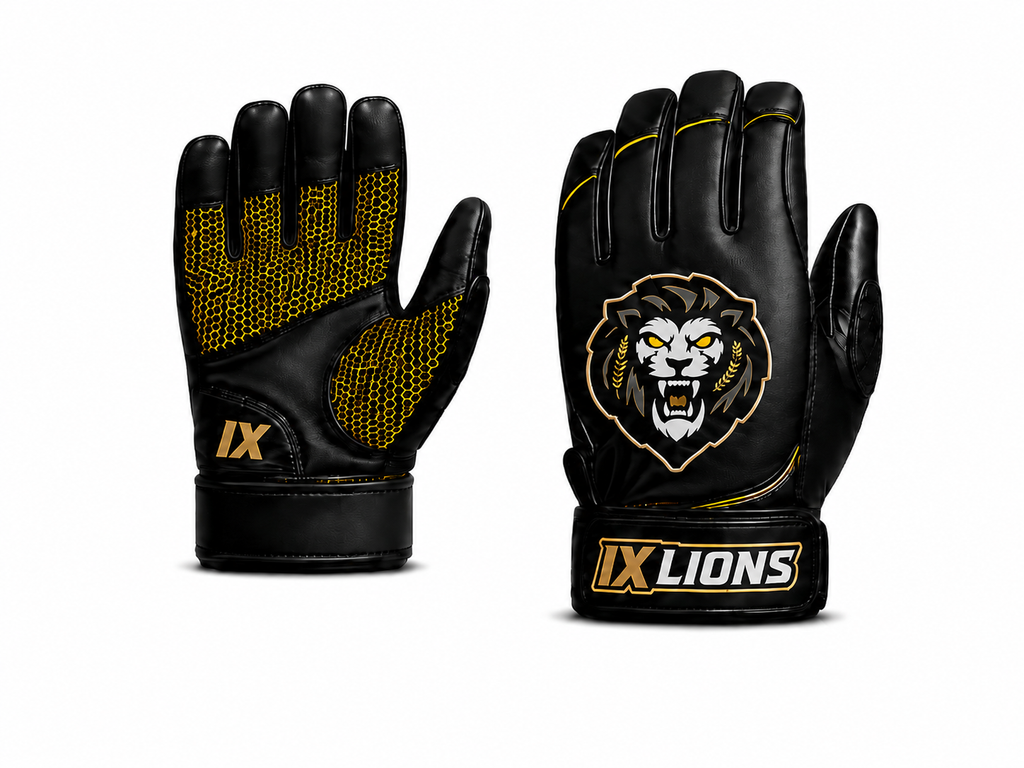 Black and gold IX Lions Genesis 1 batting gloves, palm and back view with lion crest
