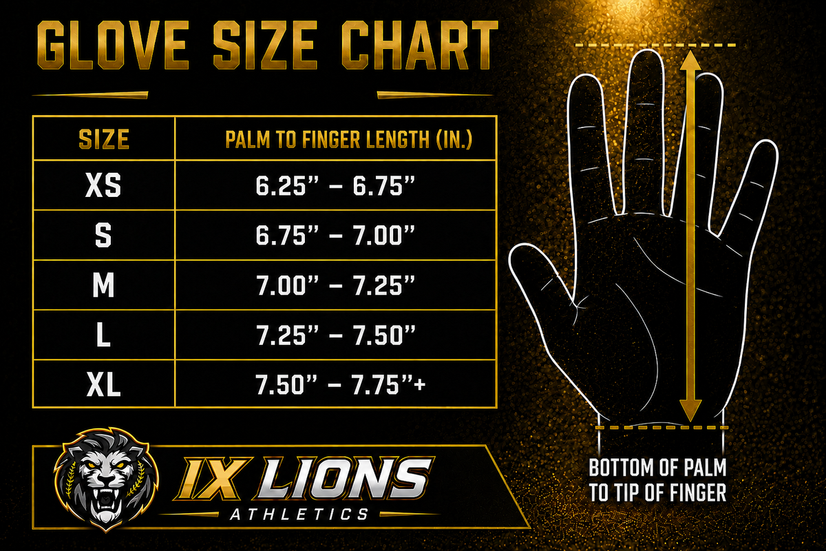 IX Lions Athletics Freedom 1 Batting Gloves size chart - XS to Adult XL