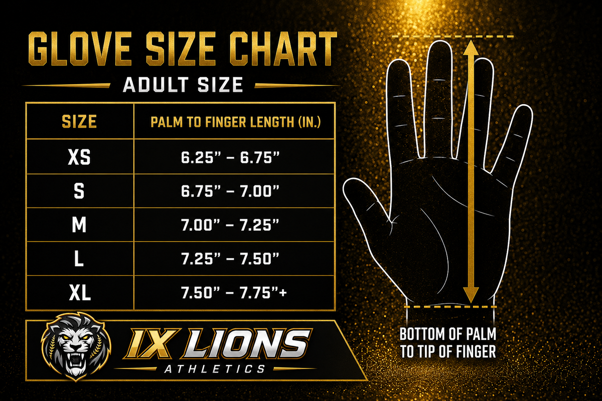 IX Lions batting glove size chart by palm-to-fingertip length: XS 6.25 to 6.75 in, S 6.75 to 7.00, M 7.00 to 7.25, L 7.25 to 7.50, XL 7.50 to 7.75 in and up
