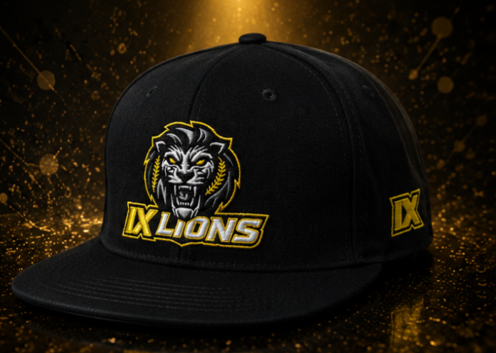 Black IX Lions snapback hat with embroidered gold lion crest on the front and IX logo on the side