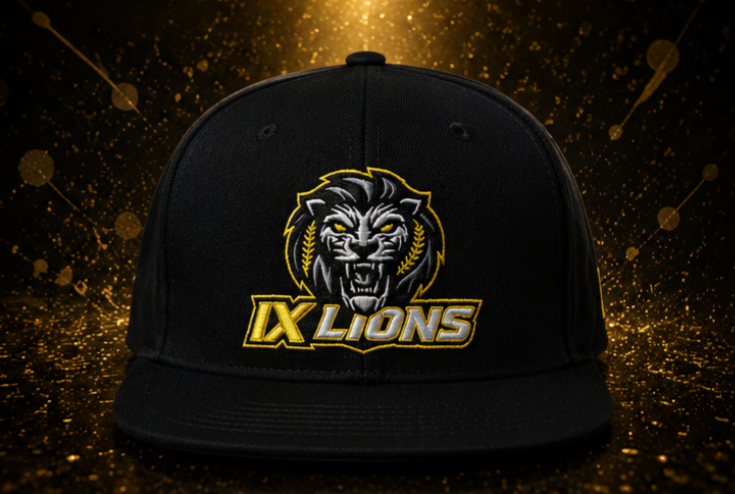 Front view of the black IX Lions snapback hat with embroidered lion crest and IX Lions wordmark