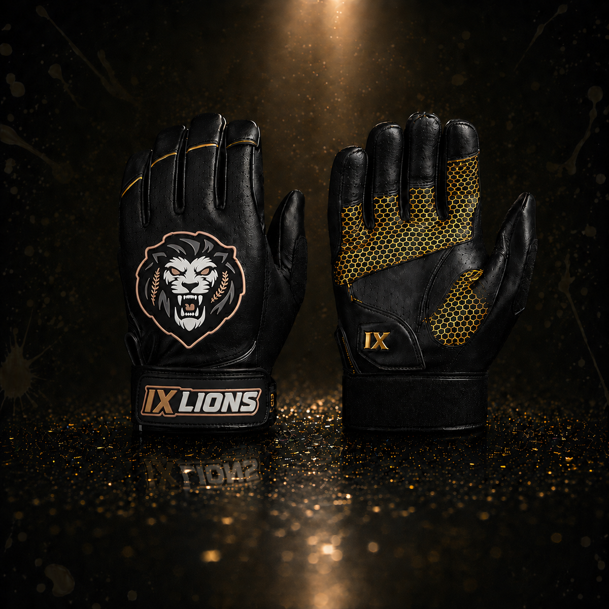 Pair of IX Lions Genesis 1 batting gloves in black leather with gold Honeycomb Grip palm and lion crest