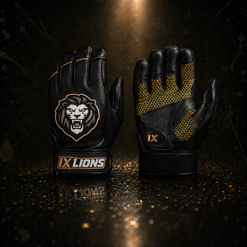 Pair of IX Lions Genesis 1 batting gloves in black leather with gold Honeycomb Grip palm and lion crest