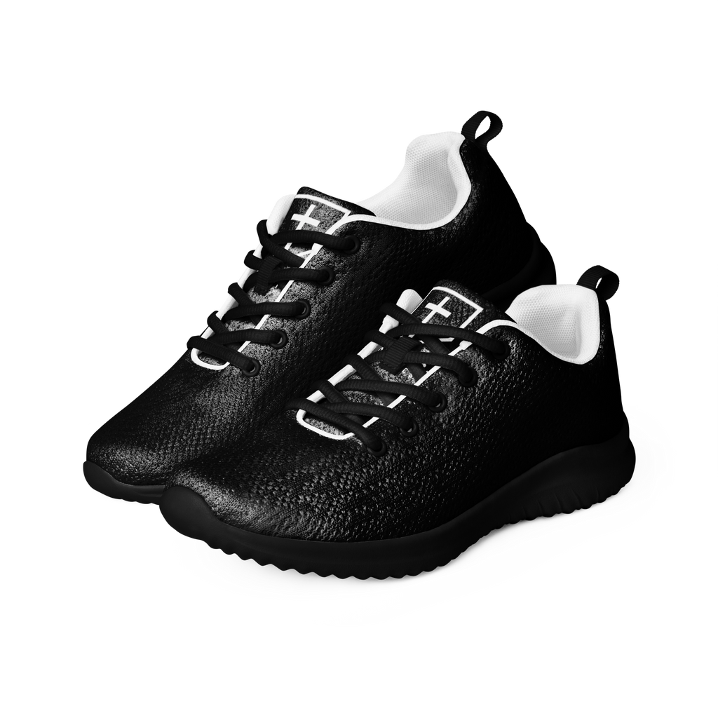 IX Lions Off-Field Trainers in black knit with cross logo on the tongue, angled view