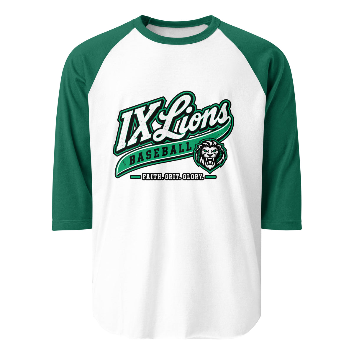 IX Lions Baseball Raglan Tee, white body with kelly green 3/4 sleeves and IX Lions Baseball script logo