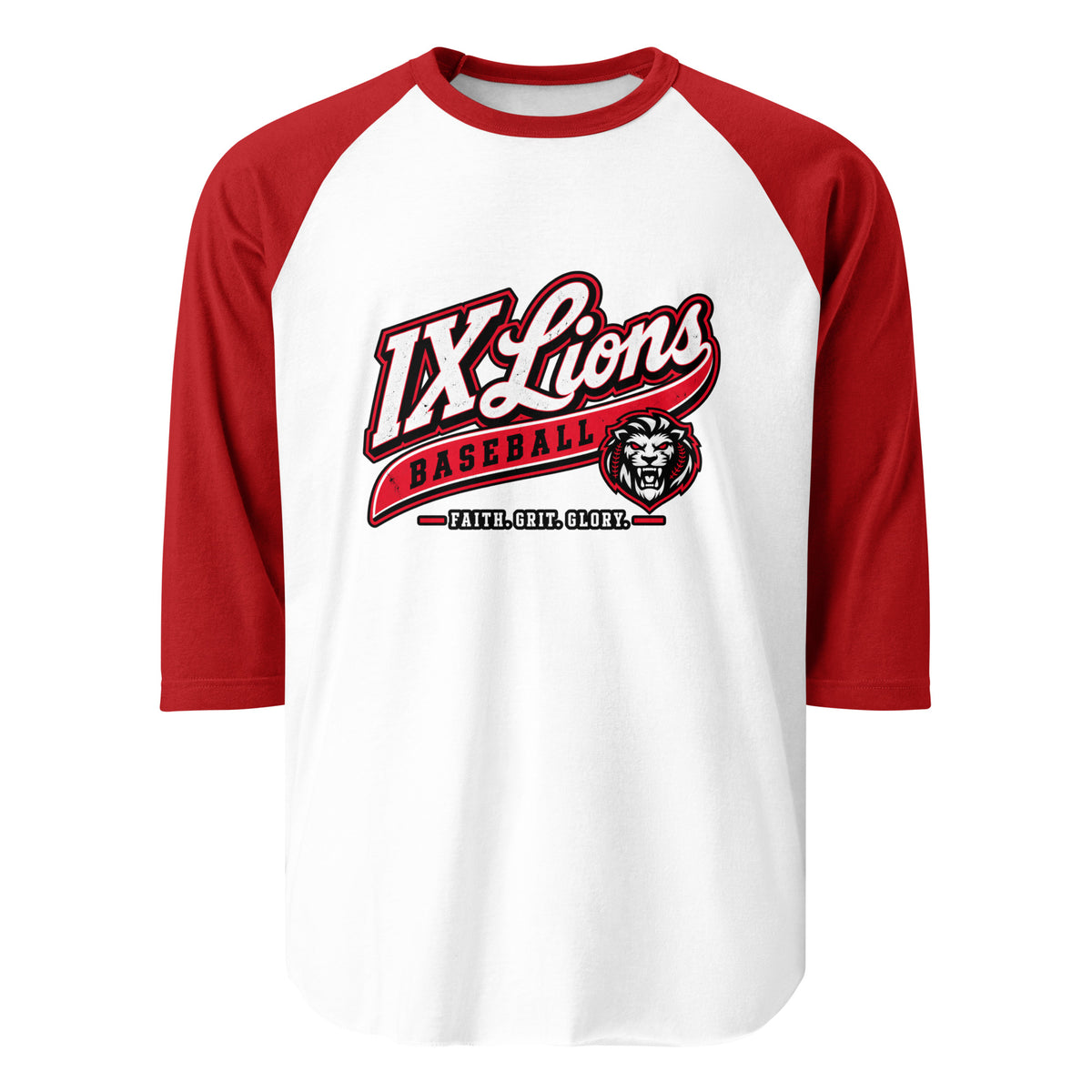 IX Lions Baseball Raglan Tee, white body with red 3/4 sleeves and IX Lions Baseball script logo