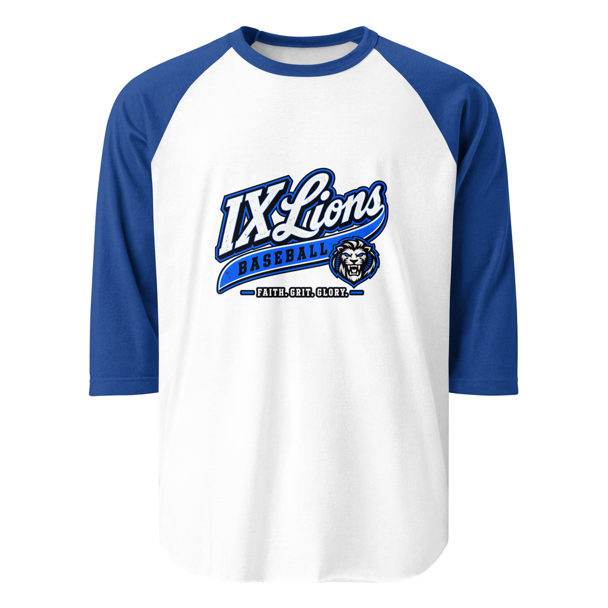 IX Lions Baseball Raglan Tee, white body with royal 3/4 sleeves and IX Lions Baseball script logo