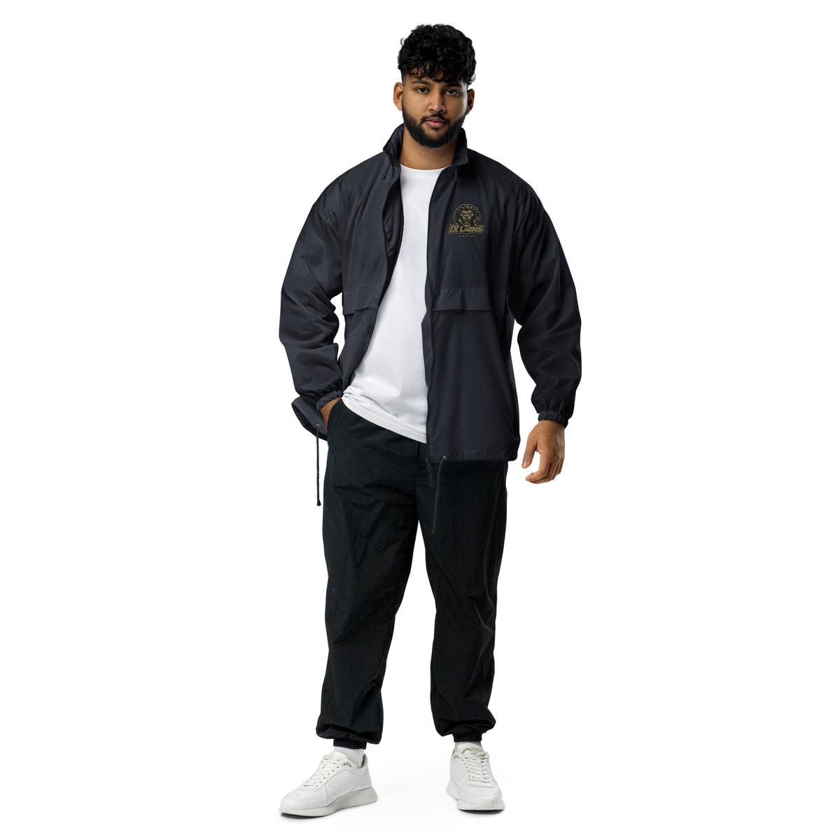 IX Lions Windbreaker in navy, front view with embroidered lion crest on the left chest