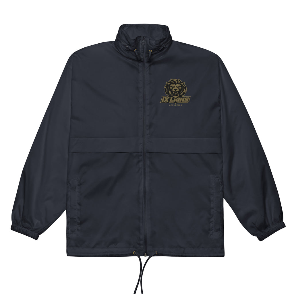 IX Lions Windbreaker in navy, front view with embroidered lion crest on the left chest
