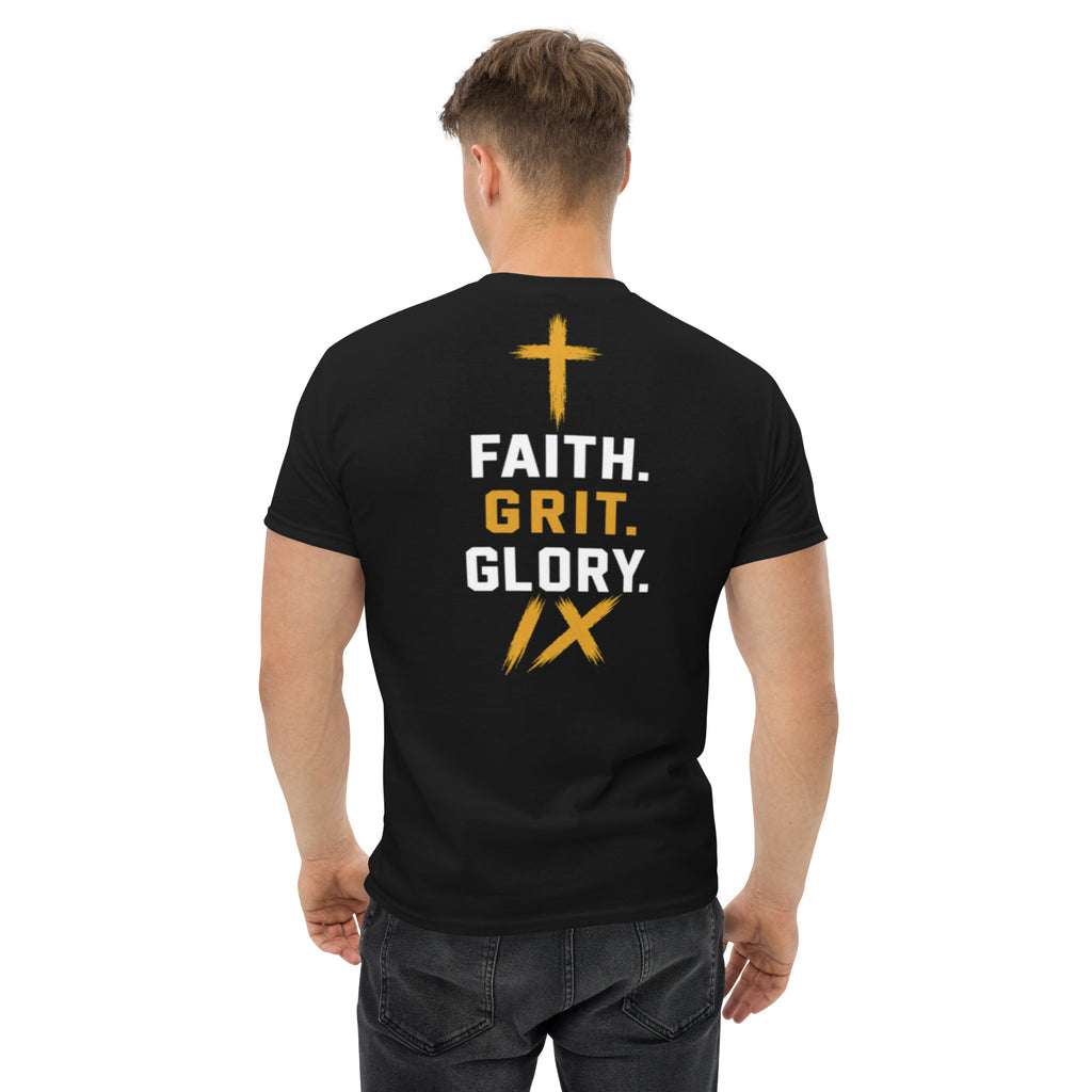 IX Lions Adult Statement Tee in black, back view showing the Faith. Grit. Glory. graphic