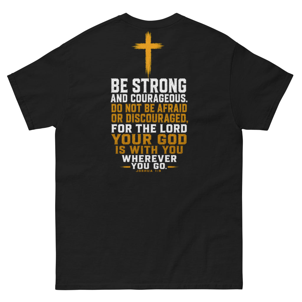 IX Courage Tee in black, back view showing the Be Strong and Courageous Joshua 1:9 print and gold cross