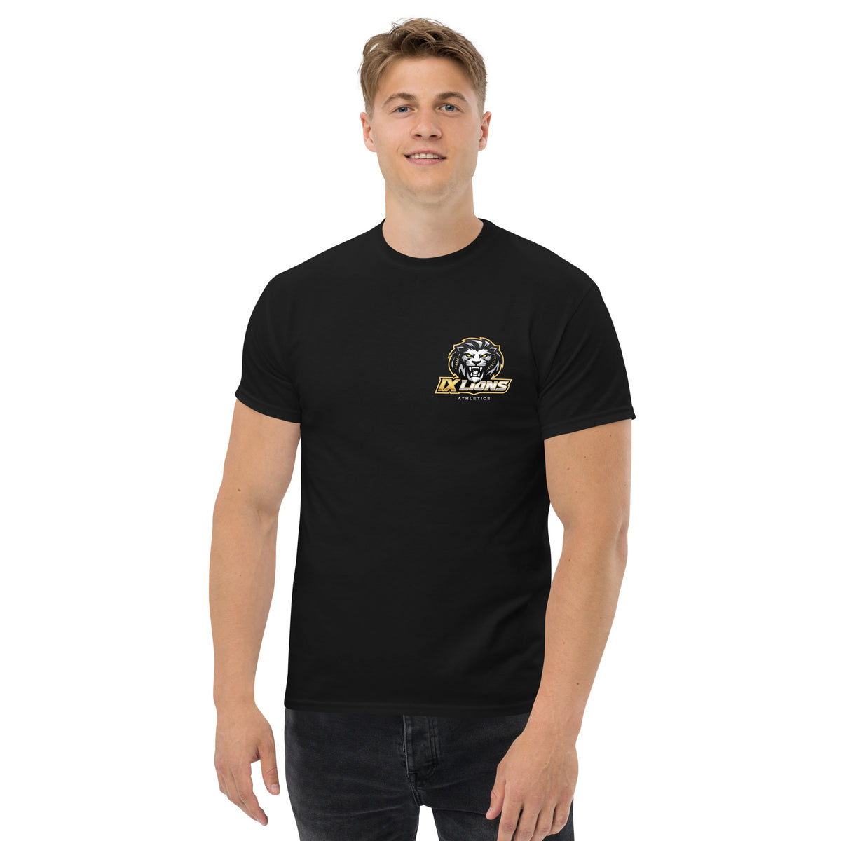 IX Lions Adult Statement Tee in black, front view with IX Lions logo on the chest