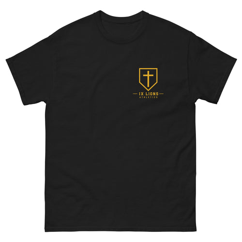 IX Lions God Has My Back Tee in black, front view with IX Lions shield on the chest