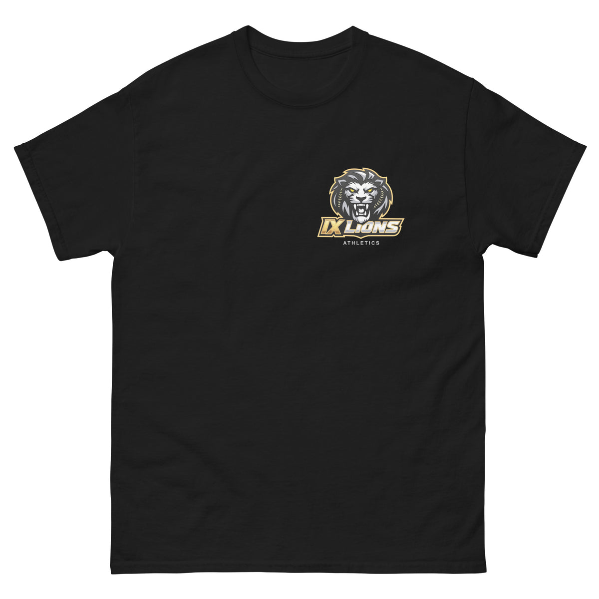 IX Courage Tee in black, front view with small IX Lions crest on the left chest