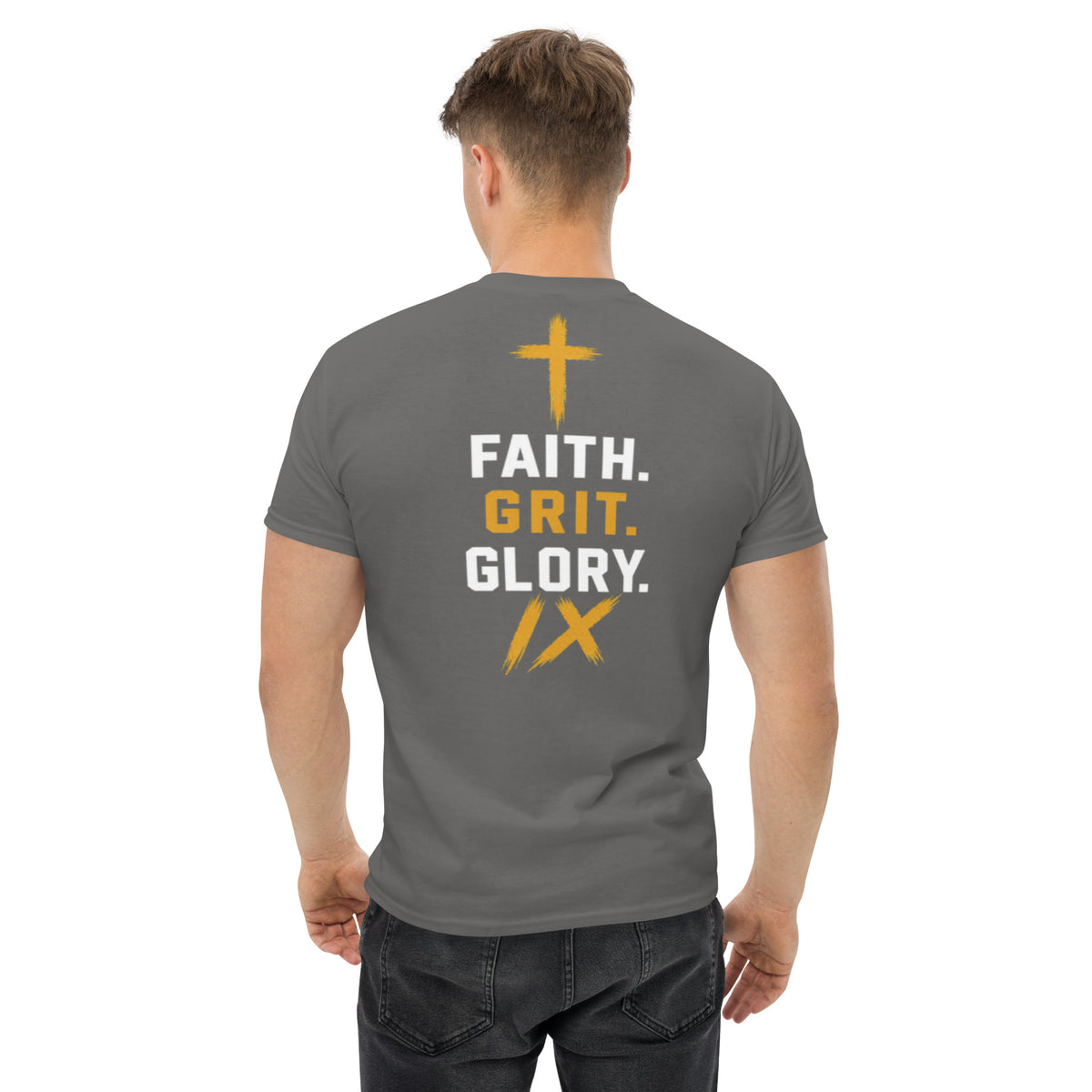 IX Lions Adult Statement Tee in charcoal, back view showing the Faith. Grit. Glory. graphic