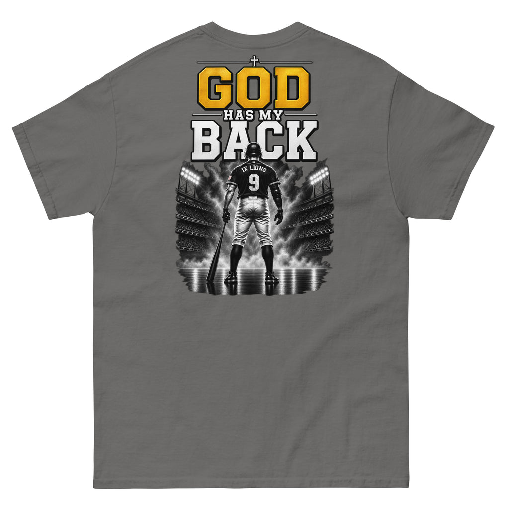 IX Lions God Has My Back Tee in charcoal, back view showing the God Has My Back graphic