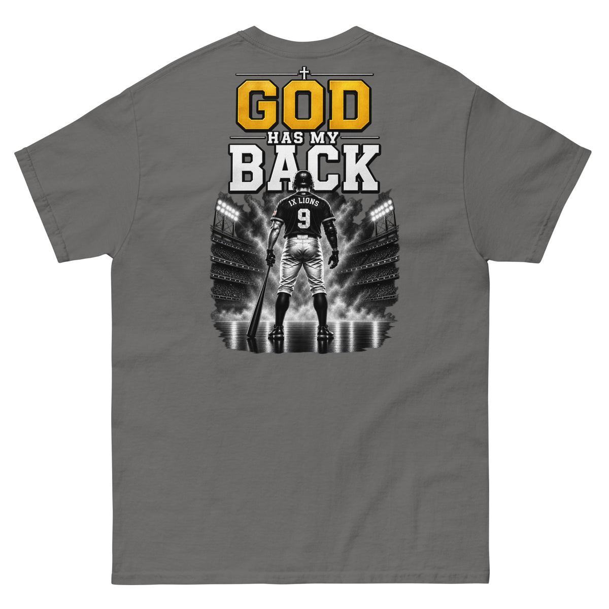 IX Lions God Has My Back Tee in charcoal, back view showing the God Has My Back graphic