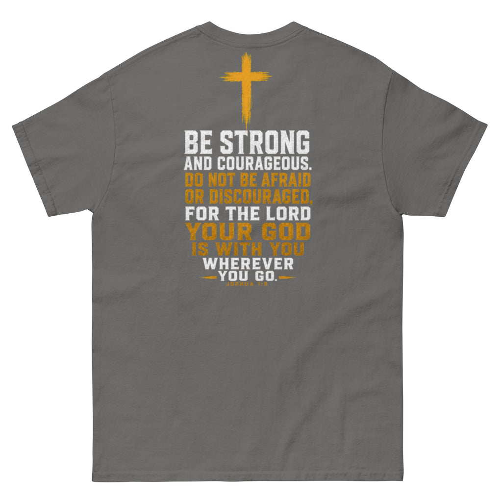 IX Courage Tee in charcoal, back view showing the Be Strong and Courageous Joshua 1:9 print and gold cross