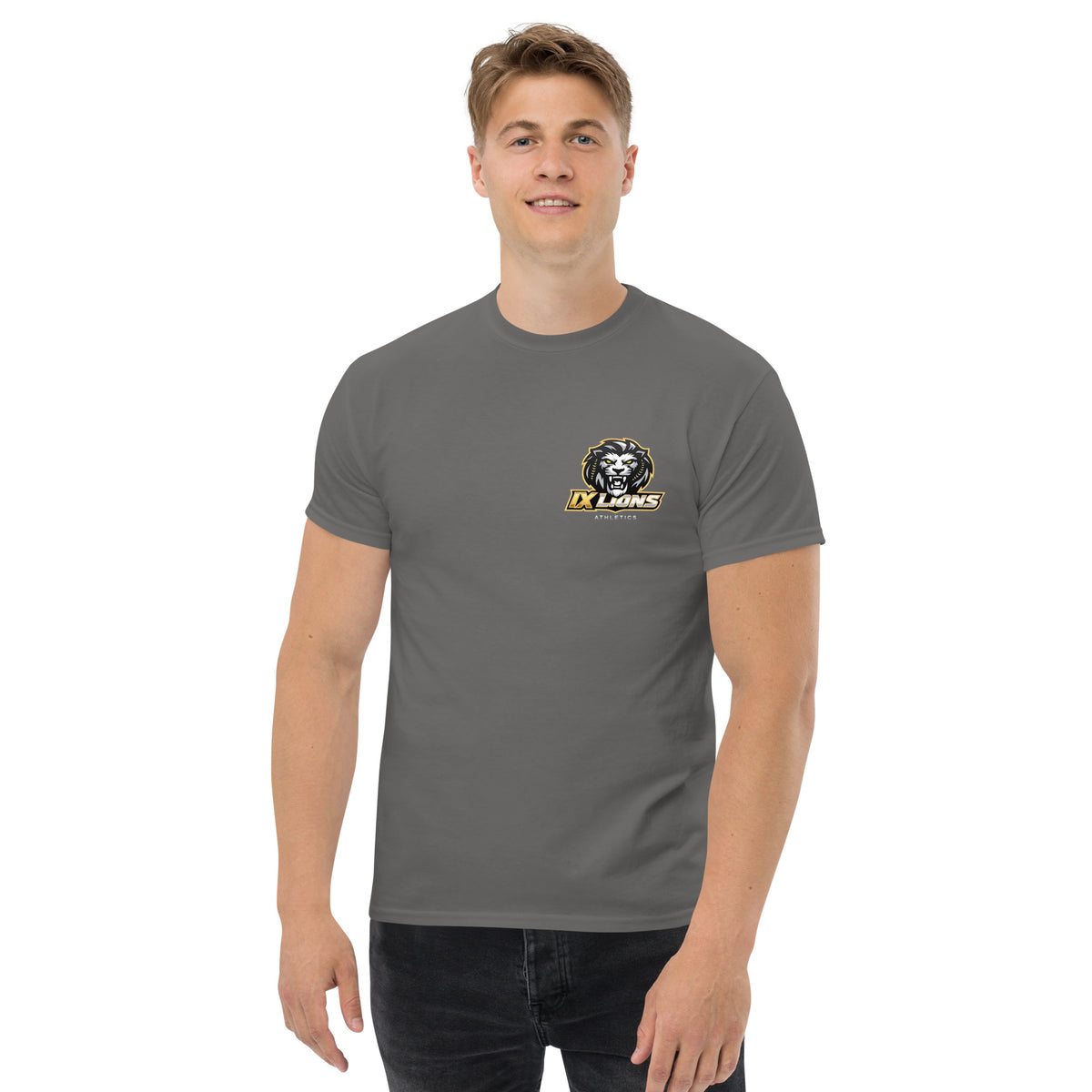 IX Lions Adult Statement Tee in charcoal, front view with IX Lions logo on the chest