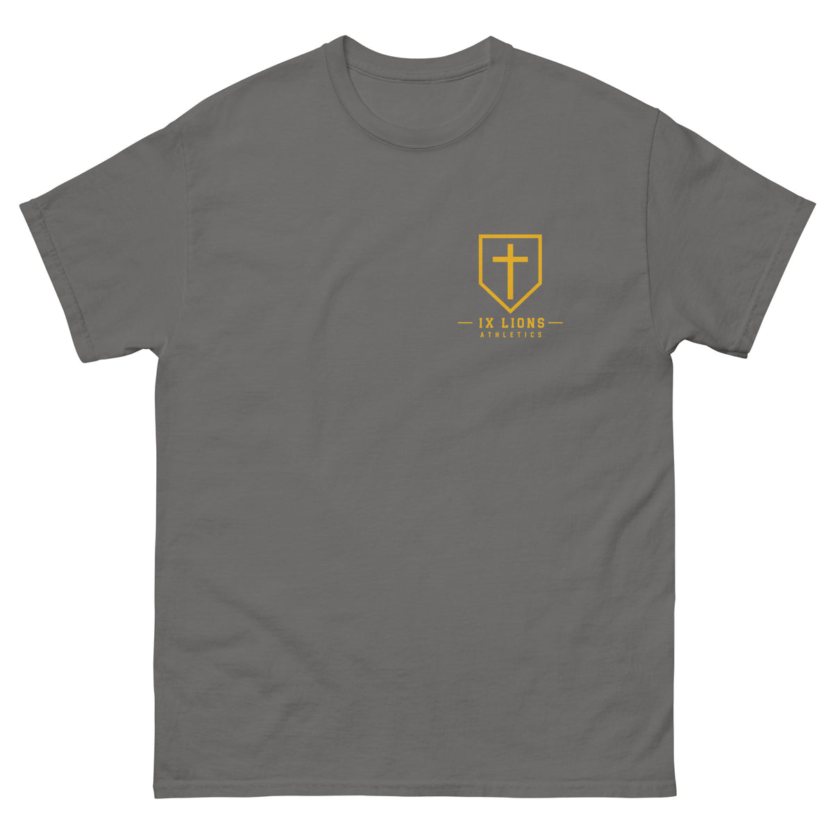 IX Lions God Has My Back Tee in charcoal, front view with IX Lions shield on the chest