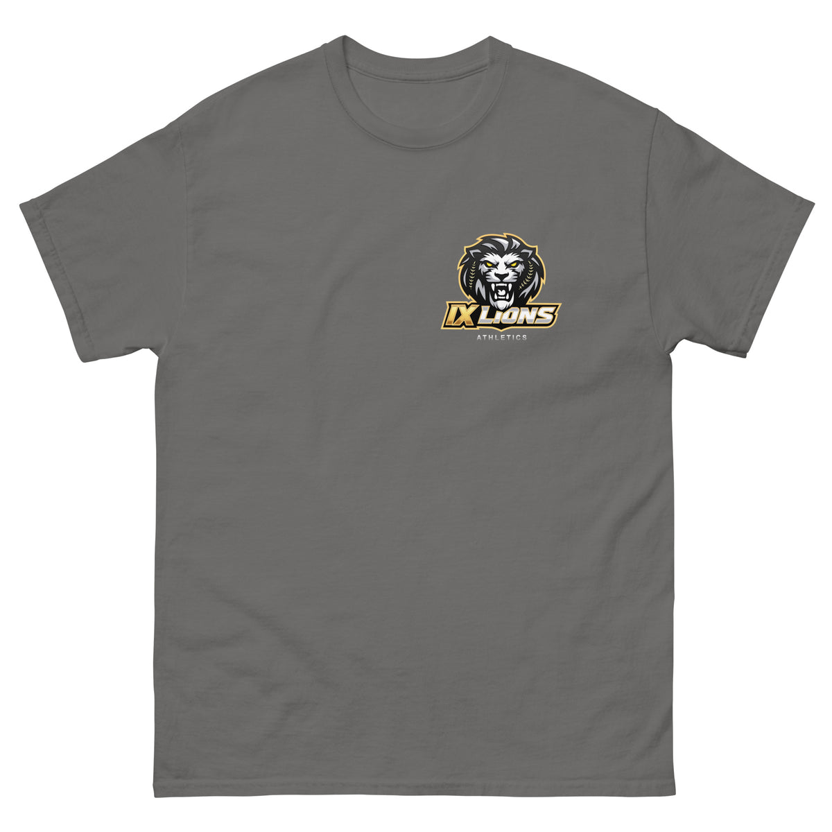 IX Courage Tee in charcoal, front view with small IX Lions crest on the left chest