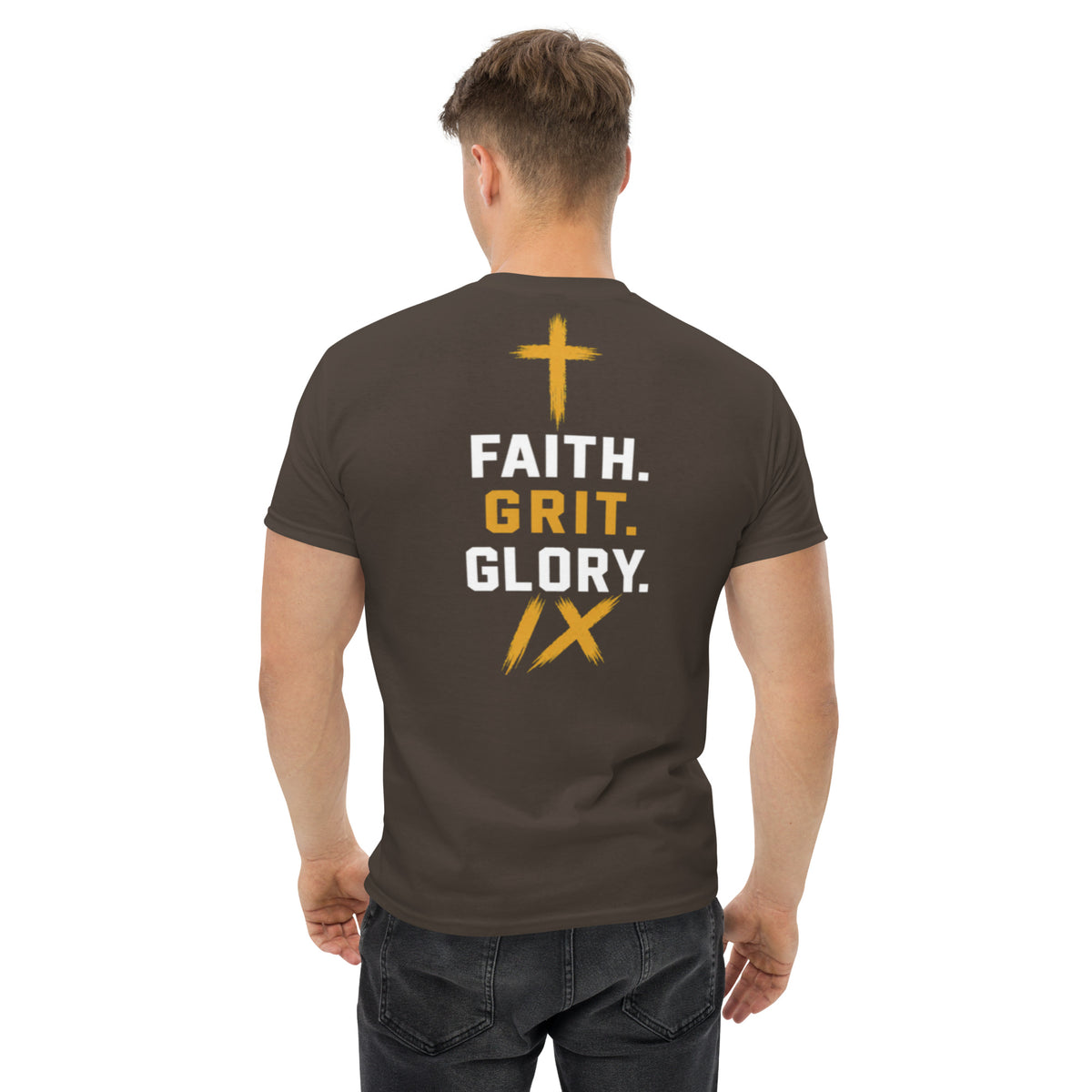 IX Lions Adult Statement Tee in dark chocolate, back view showing the Faith. Grit. Glory. graphic