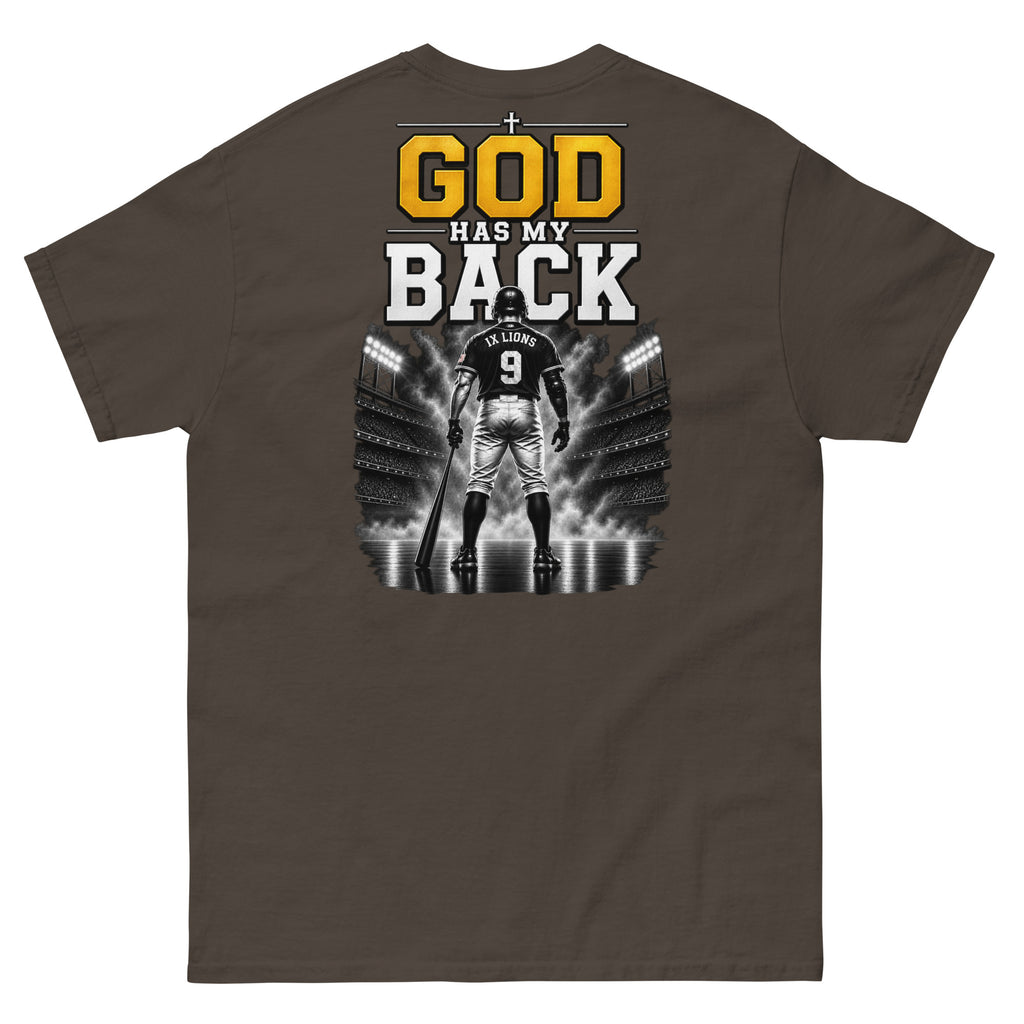 IX Lions God Has My Back Tee in dark chocolate, back view showing the God Has My Back graphic