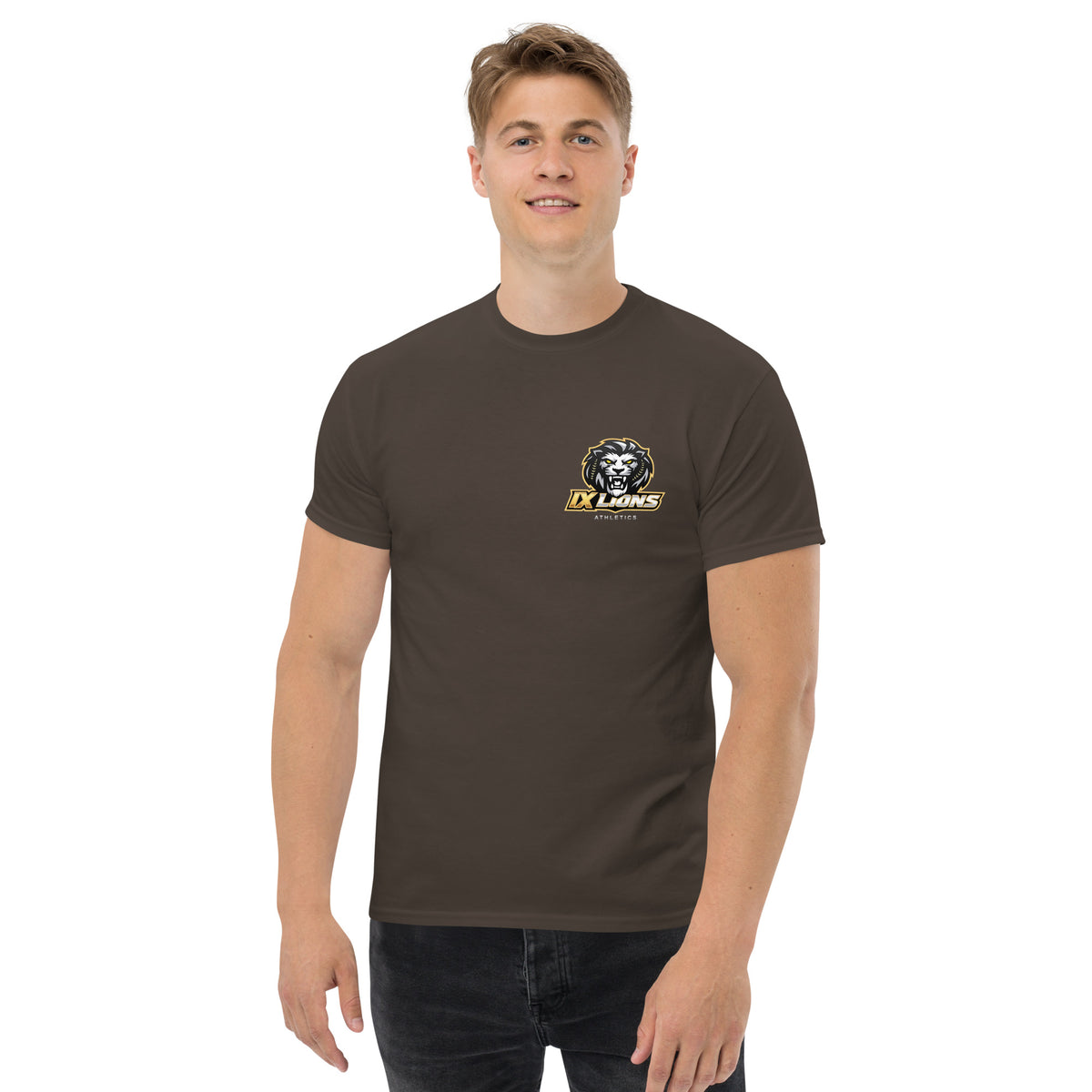 IX Lions Adult Statement Tee in dark chocolate, front view with IX Lions logo on the chest