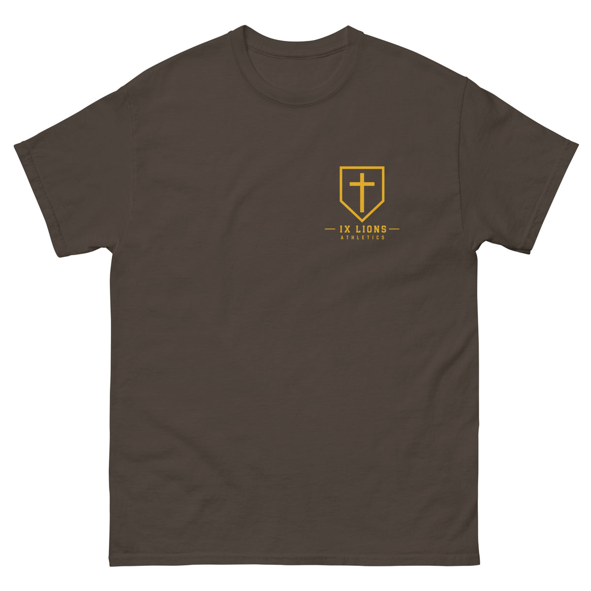 IX Lions God Has My Back Tee in dark chocolate, front view with IX Lions shield on the chest
