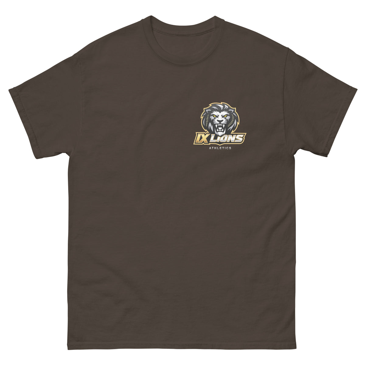 IX Courage Tee in dark chocolate, front view with small IX Lions crest on the left chest