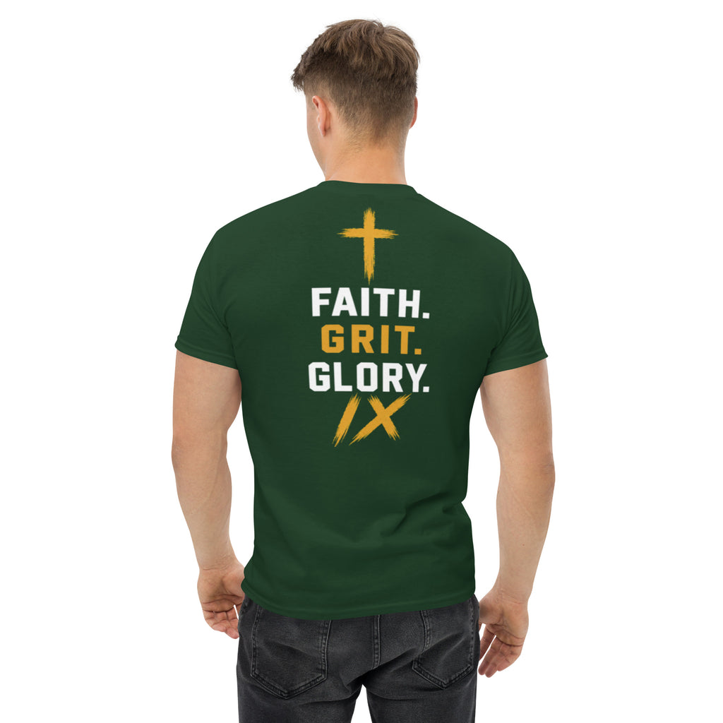 IX Lions Adult Statement Tee in forest green, back view showing the Faith. Grit. Glory. graphic