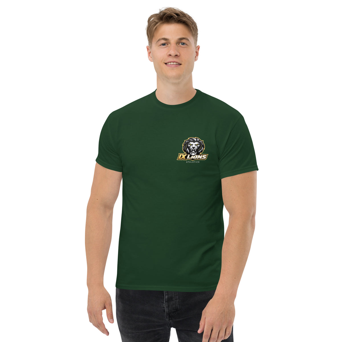 IX Lions Adult Statement Tee in forest green, front view with IX Lions logo on the chest
