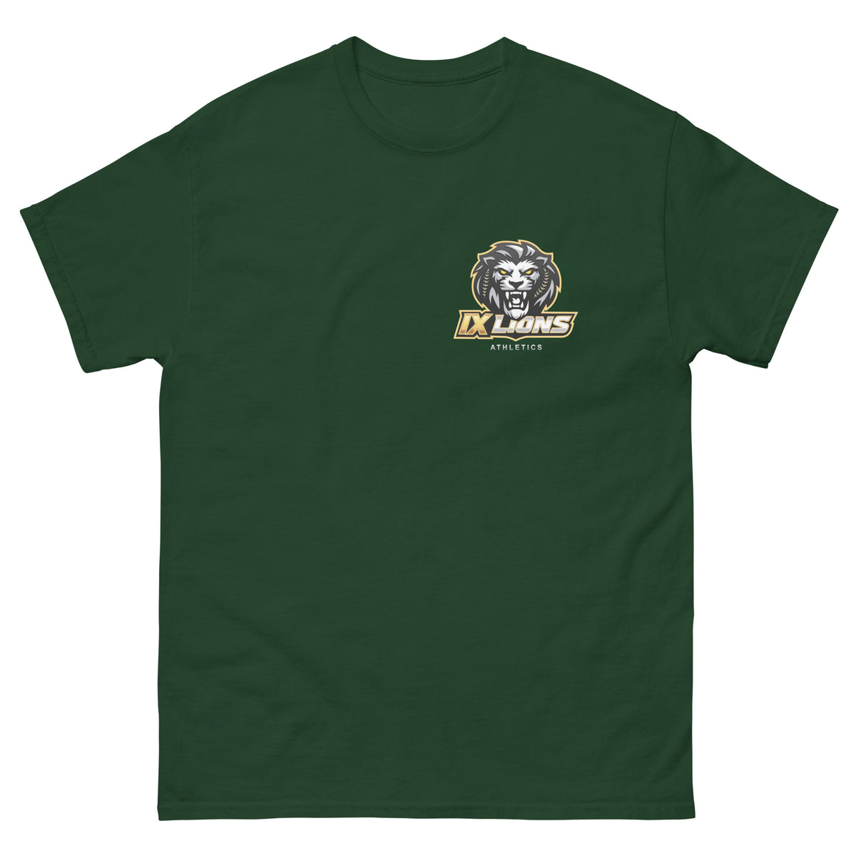 IX Courage Tee in forest green, front view with small IX Lions crest on the left chest