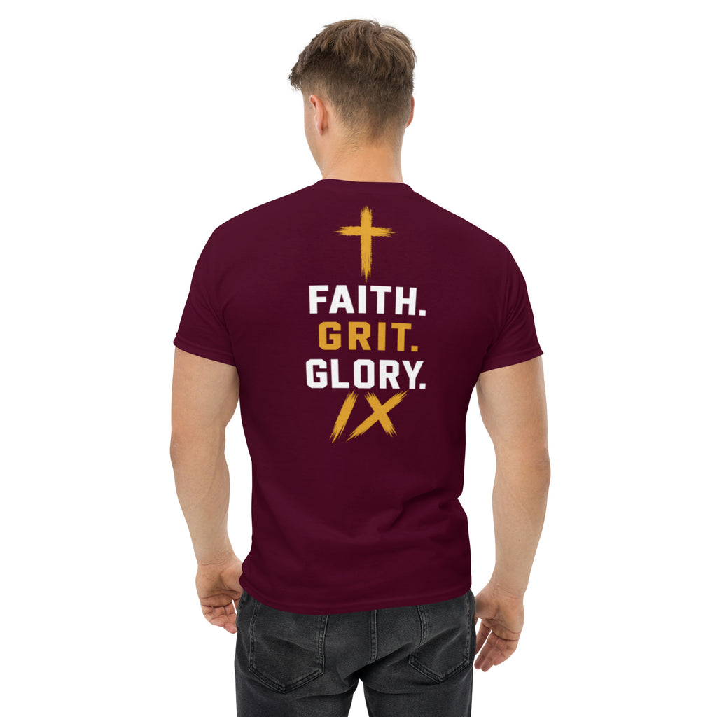 IX Lions Adult Statement Tee in maroon, back view showing the Faith. Grit. Glory. graphic