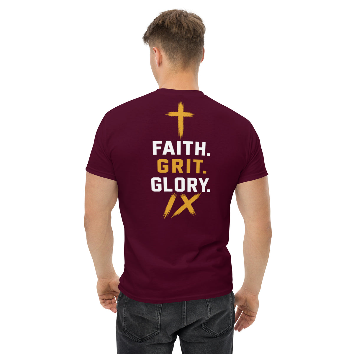 IX Lions Adult Statement Tee in maroon, back view showing the Faith. Grit. Glory. graphic