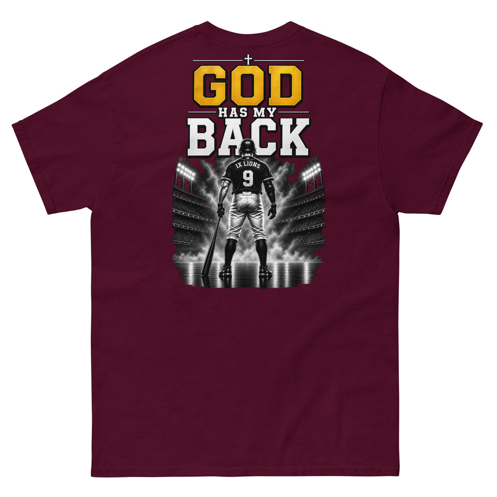 IX Lions God Has My Back Tee in maroon, back view showing the God Has My Back graphic