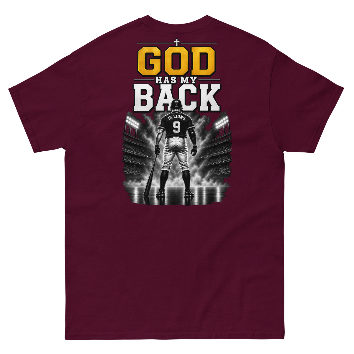 IX Lions God Has My Back Tee in maroon, back view showing the God Has My Back graphic