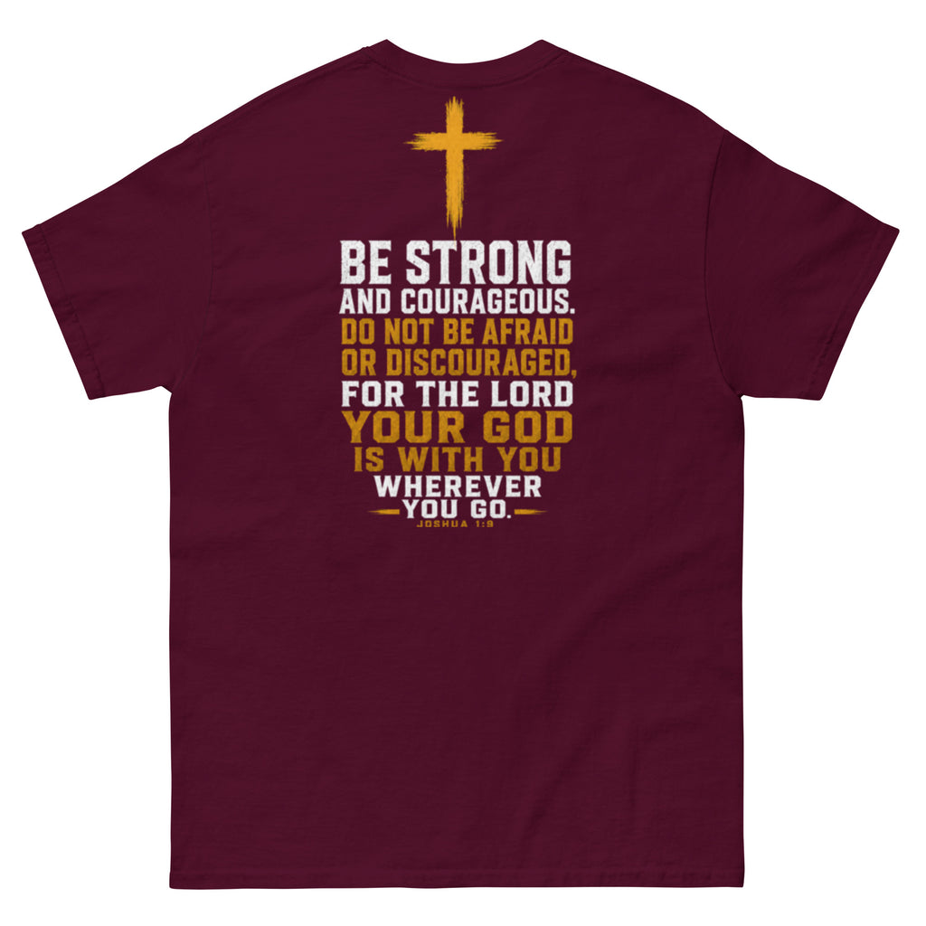 IX Courage Tee in maroon, back view showing the Be Strong and Courageous Joshua 1:9 print and gold cross