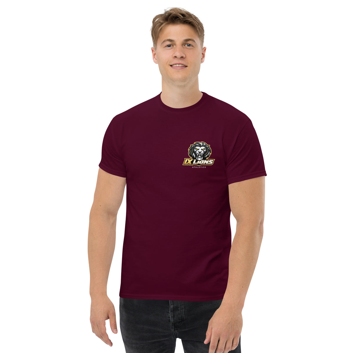 IX Lions Adult Statement Tee in maroon, front view with IX Lions logo on the chest