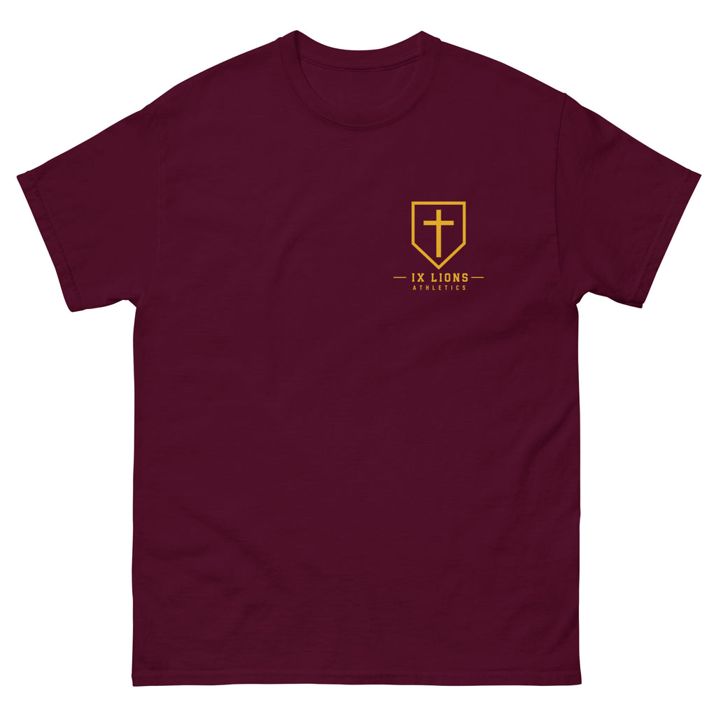 IX Lions God Has My Back Tee in maroon, front view with IX Lions shield on the chest