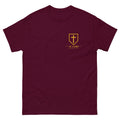 IX Lions God Has My Back Tee in maroon, front view with IX Lions shield on the chest