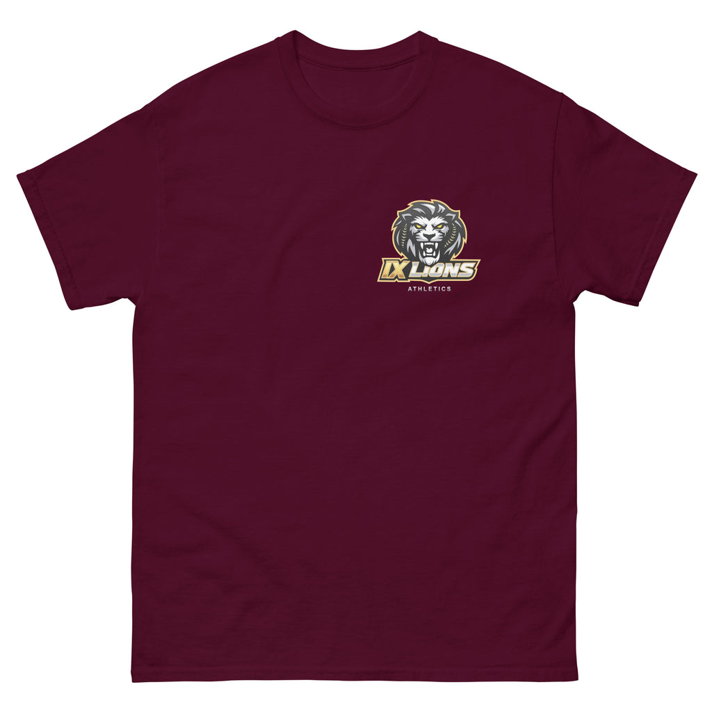 IX Courage Tee in maroon, front view with small IX Lions crest on the left chest