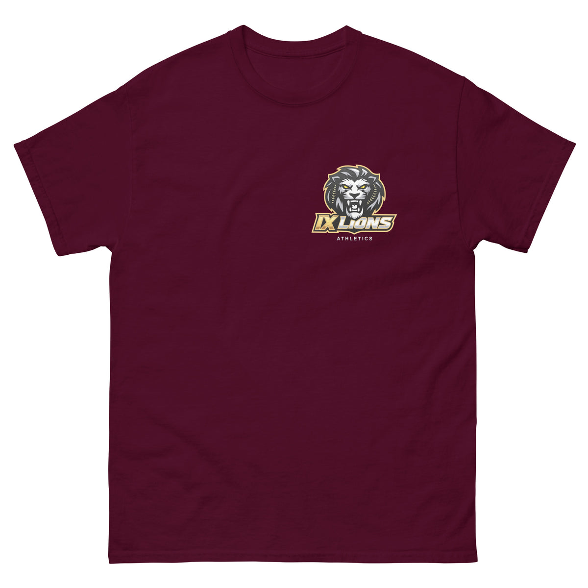 IX Courage Tee in maroon, front view with small IX Lions crest on the left chest