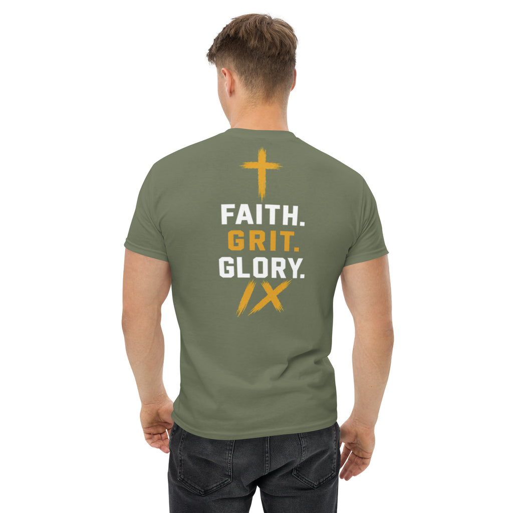 IX Lions Adult Statement Tee in military green, back view showing the Faith. Grit. Glory. graphic